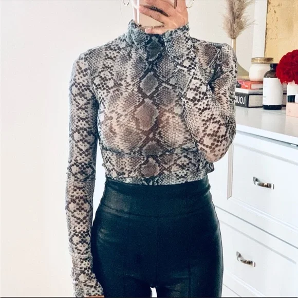 Bershka Tops Bershka Snake Print Mesh Gray High Neck Top Xs
